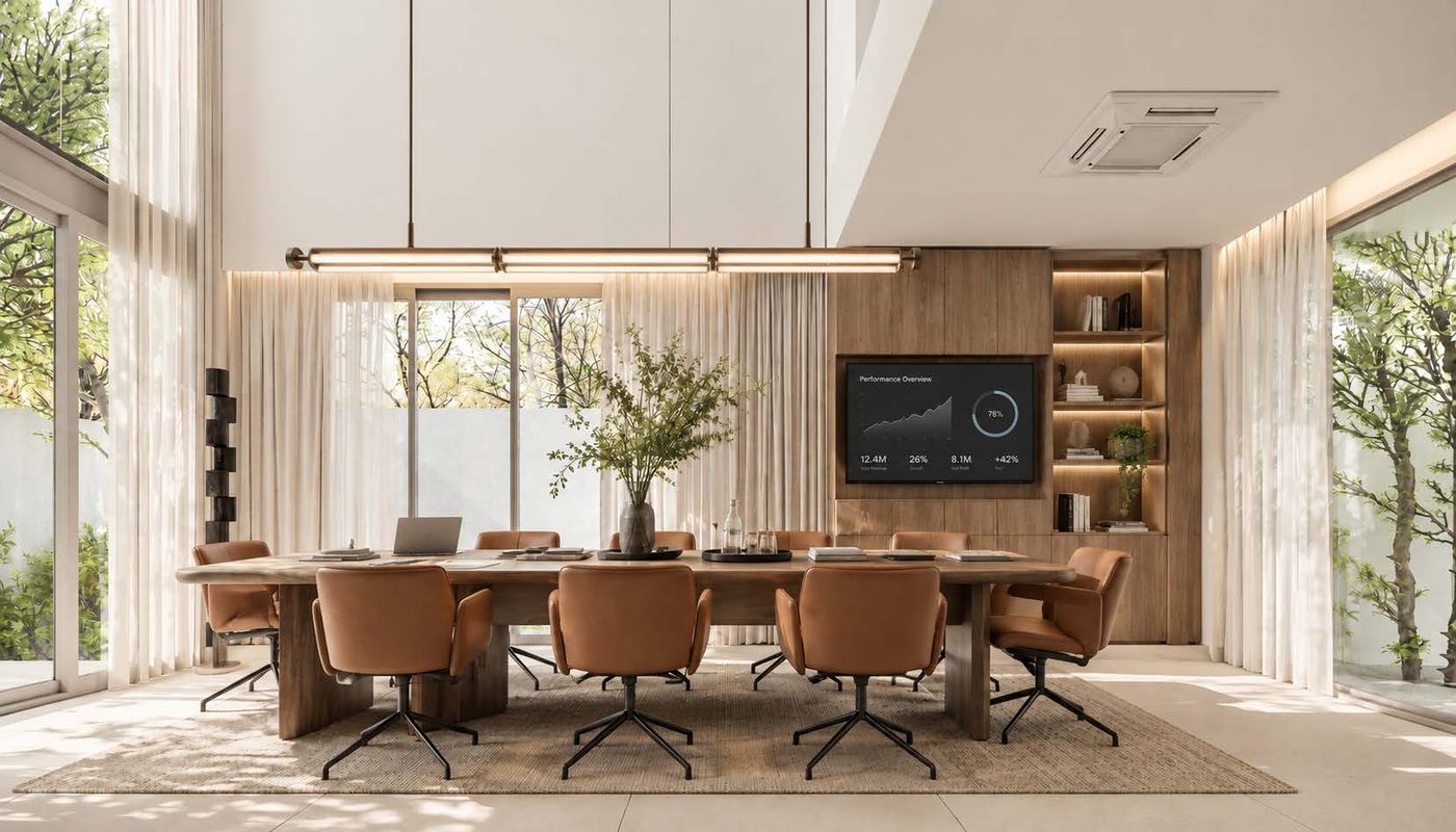 A boardroom under double-height ceilings